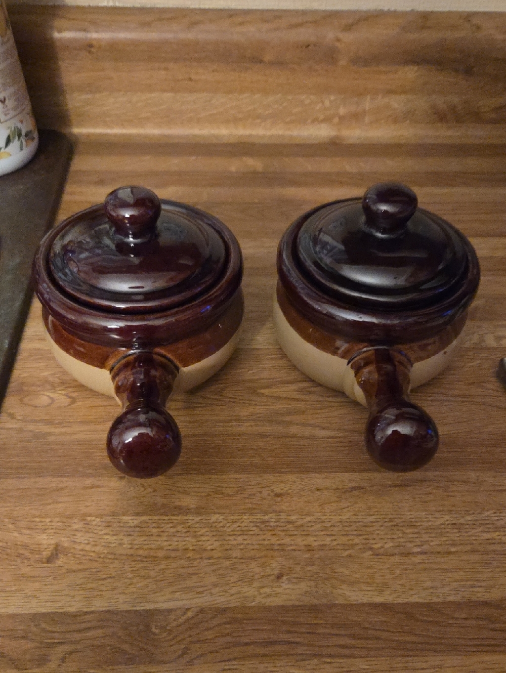 Set of 2  French Onion Crock Bowls Brown and Cream Pots with Lids
